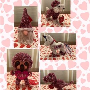 Valentine's Day Tinsel Decor Set of 5: Gnome, Sloth, Dog, Unicorn & Dinosaur